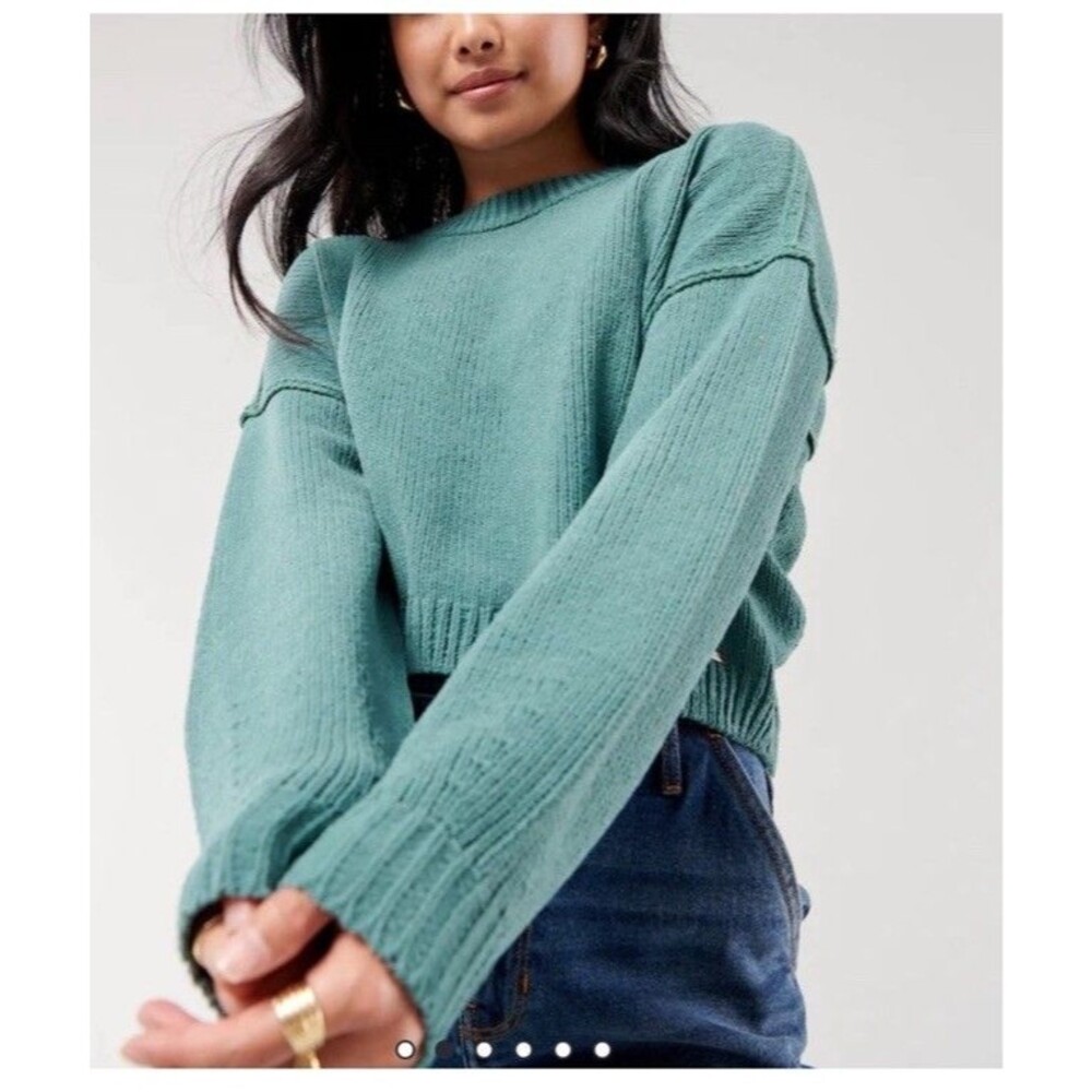 new hollister pullover green sweater knit long sleeve crew neck sz xs Women